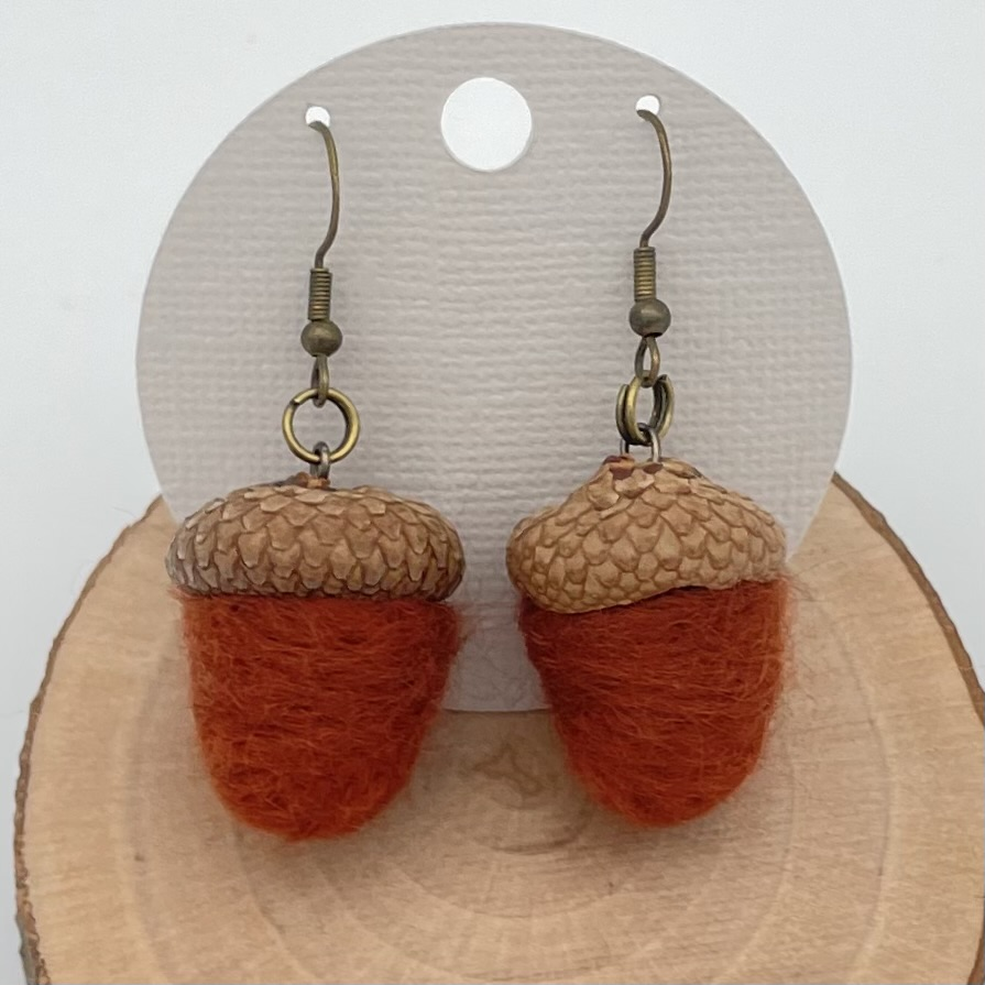 Acorn Earring-Needle-felted Wool, Lightweight