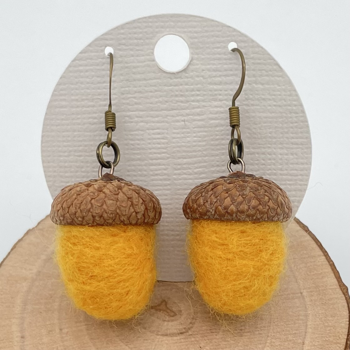 Acorn Earring-Needle-felted Wool, Lightweight