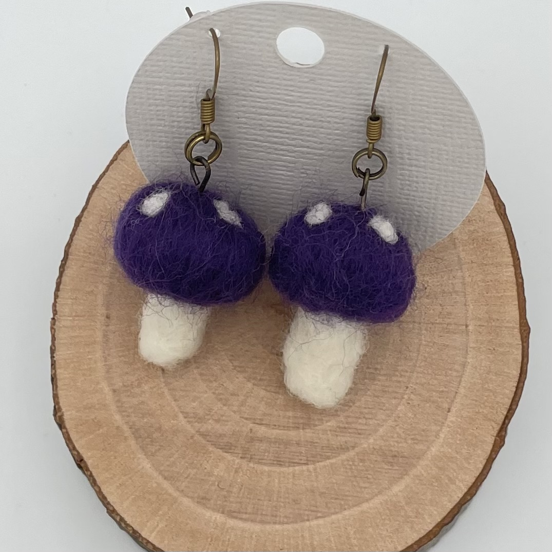 Mushroom Earrings-Needle-felted Wool, Lightweight