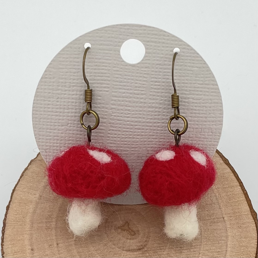Mushroom Earrings-Needle-felted Wool, Lightweight